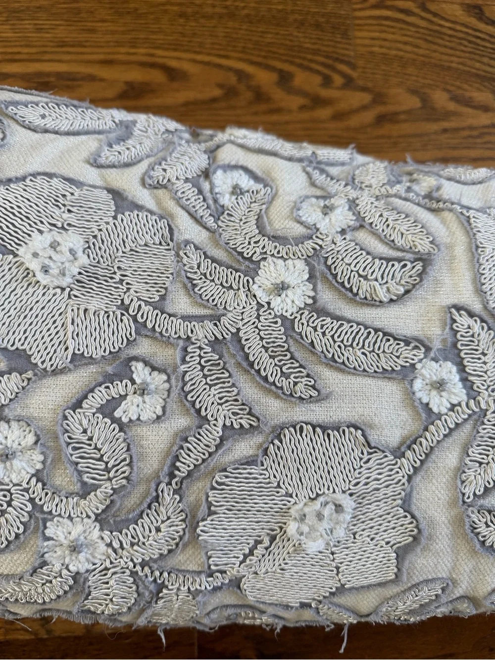 Embroidered Floral Lumbar Pillow in Light Gray and Cream